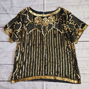 Jean For Joseph Le Bon Pure Silk Gatsby Black Gold Blouse Womens XL NWT